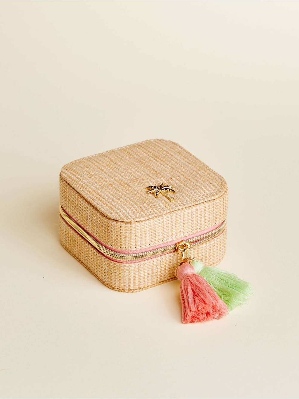Bohemian Style Palm Tree Jewelry Travel Case w/ Mirror & Pink Green Tassels‎